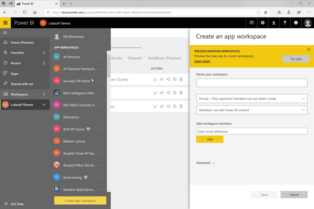 power bi workspace: save button